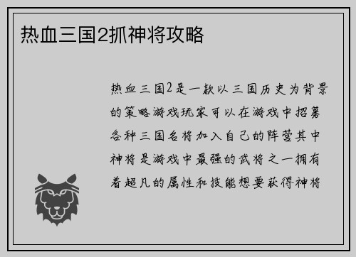 热血三国2抓神将攻略