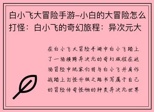 白小飞大冒险手游-小白的大冒险怎么打怪：白小飞的奇幻旅程：异次元大冒险