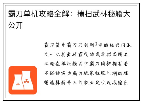 霸刀单机攻略全解：横扫武林秘籍大公开