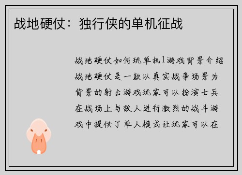 战地硬仗：独行侠的单机征战
